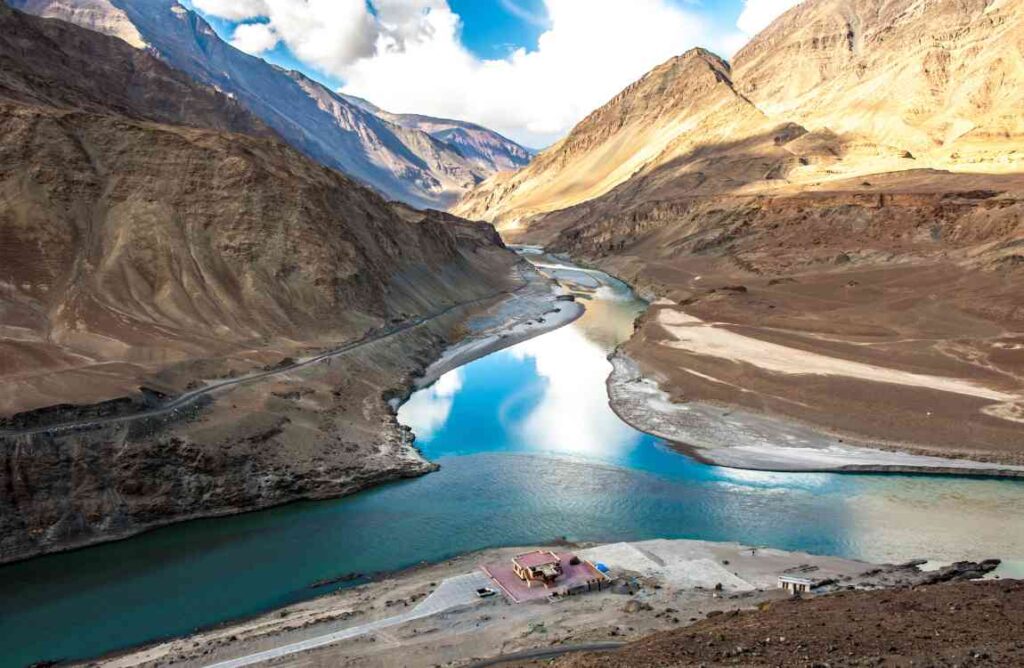 The confluence of Indus and Zanskar Rivers in Ladakh