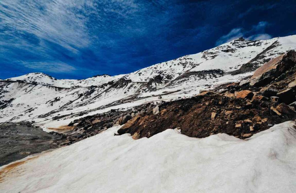 Snow capped mountains on the roadside in Ladakh winters