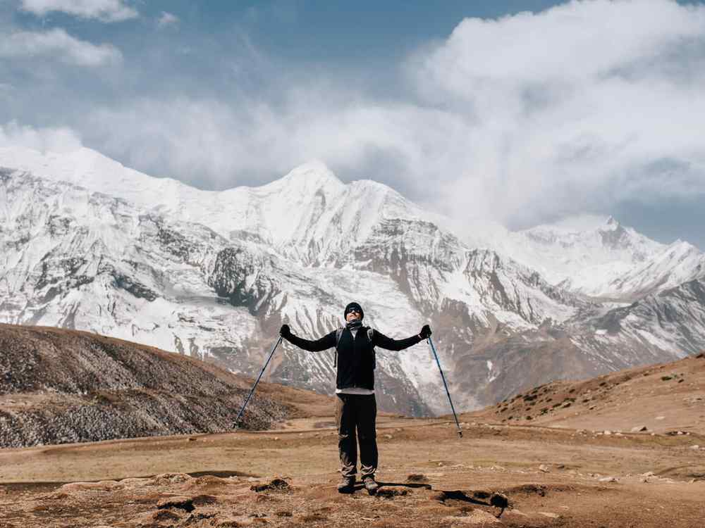 Hiker on trail in Annapurna Circuit, Nepal