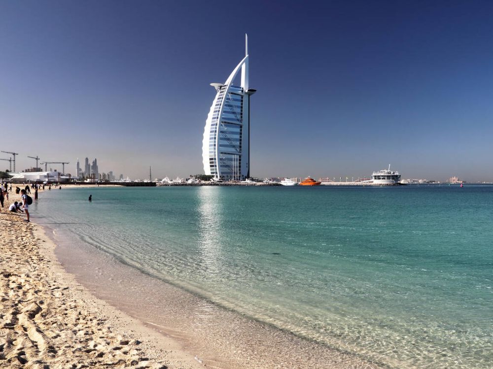 The luxury hotel Burj al Arab at Jumeirah Beach in Dubai, United Arab Emirates