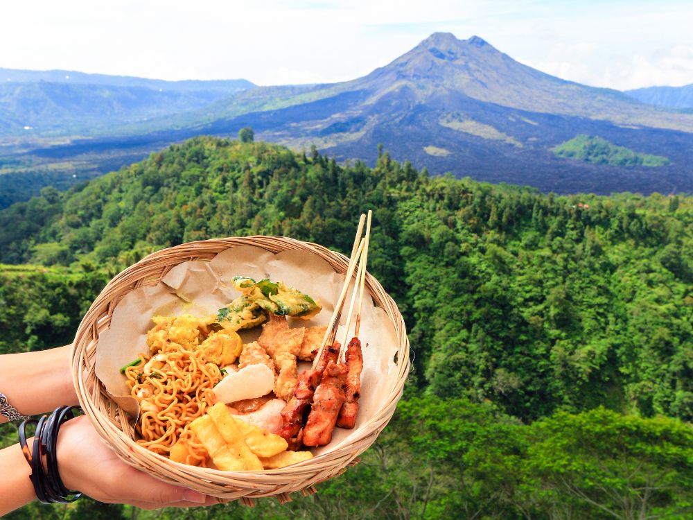 Balinese food with Kintamani volcano view