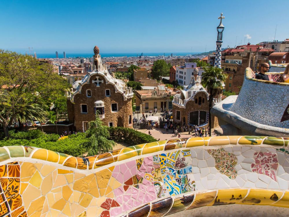 Park Guell with city skyline behind, Barcelona, Spain