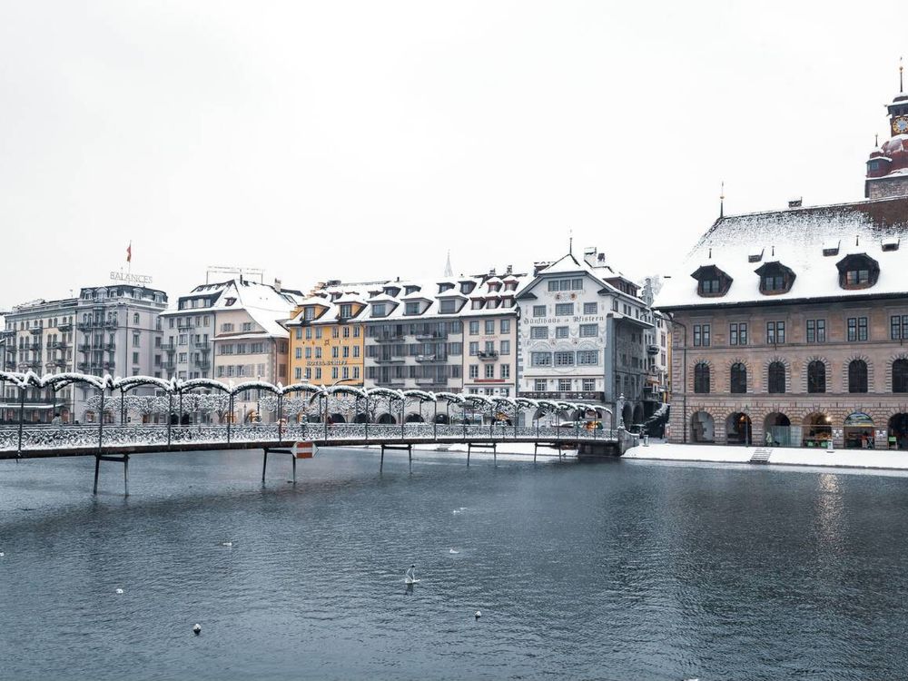 Lucerne, Switzerland, in winter, a bridge over river Reuss connecting the old town