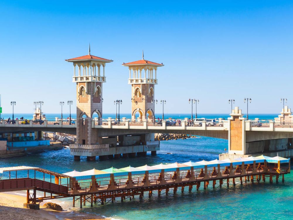 Stanley beach and bridge, popular landmark of Alexandria, Egypt