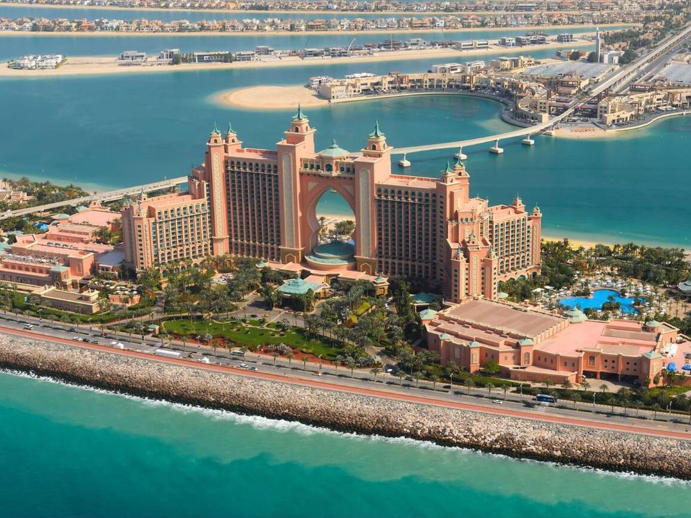Atlantis The Palm, Dubai Hotel located in Palm Jumeirah, Dubai, United Arab Emirates. Aerial view of Atlantis Resort in The Palm artificial island