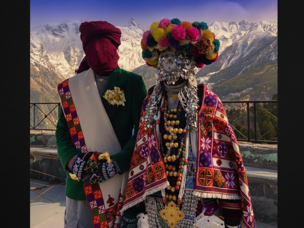 Men dressed at Groom and Bride in Raulane Festival, Himachal Pradesh.