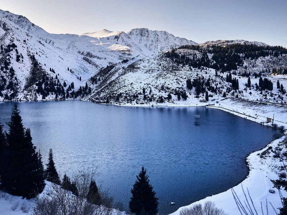 Big Almaty Lake is famous landmark of the city at winter time in Kazakhstan