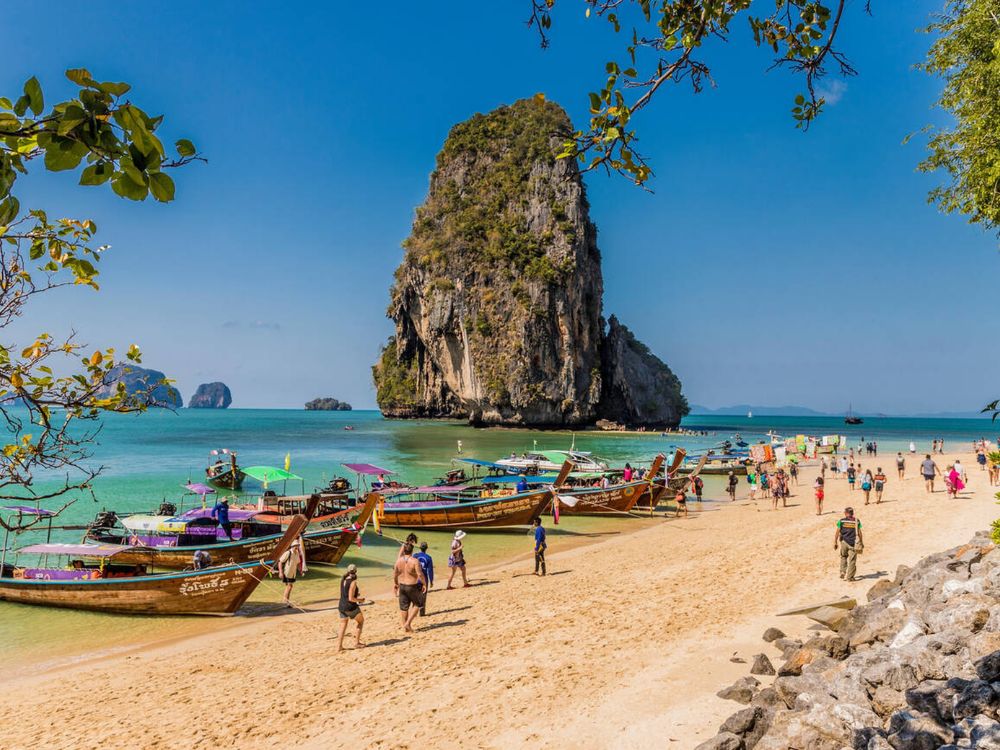 Long tail boats on Phra Nang Cave Beach on Railay in Ao Nang, Krabi Province, Thailand, Southeast Asia, Asia