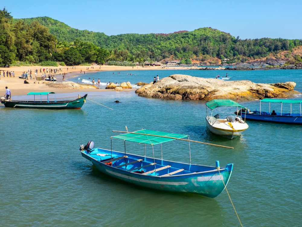 Tourist boats at Om Beach, Gokarna