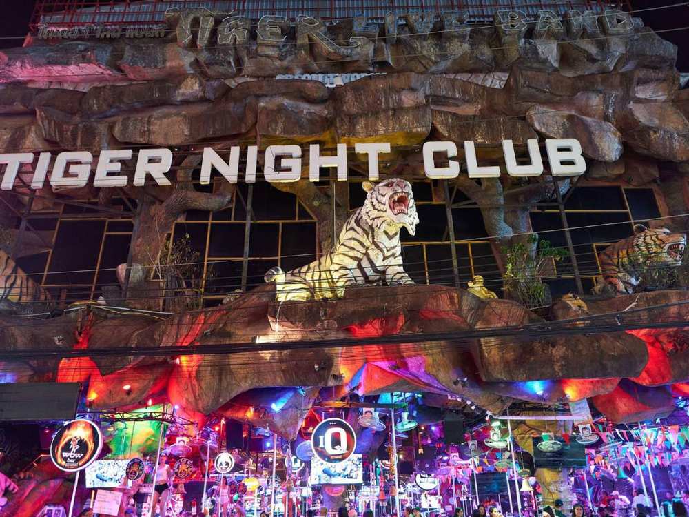 Front view of Tiger Nightclub on Bangla Road with its tiger-themed decor.