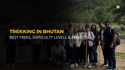 A group of people giving pose while trekking in Bhutan