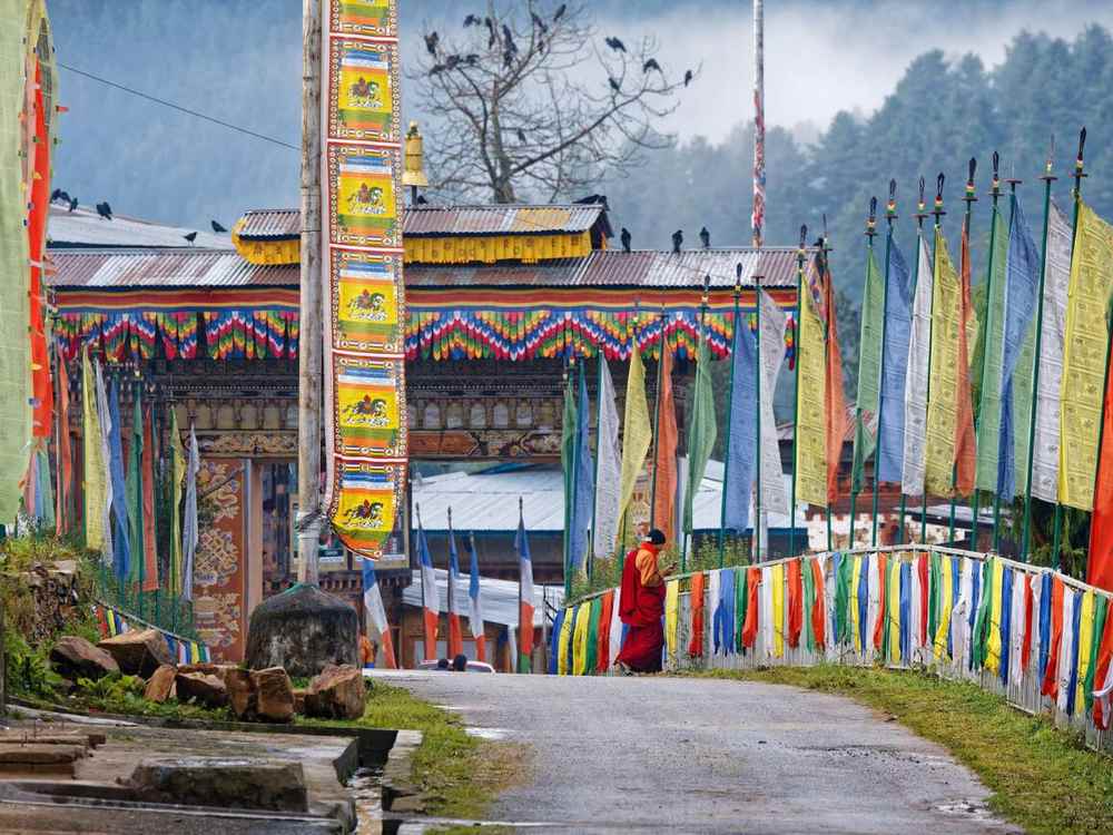 Player flags outside Gangtey Monastery in Bhutan