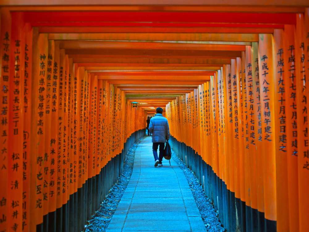 A person walking towards Fushimi Inari Shrine