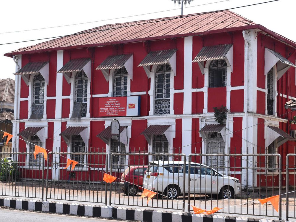 Timeless red-and-white landmark.of Panjim: Post Office in present-day Panjim, Goa.