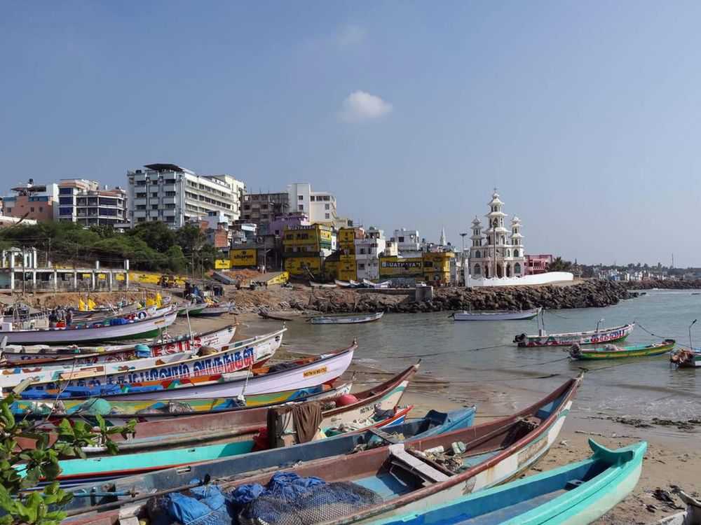 Views of boats along the beach, Kanyakumari