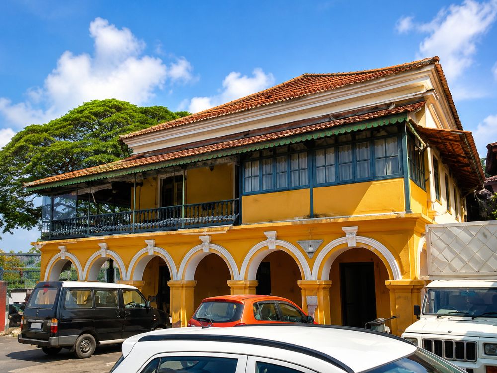 Historic Old Mint House building in Panjim, Goa, showcases colonial-era architecture and heritage charm.