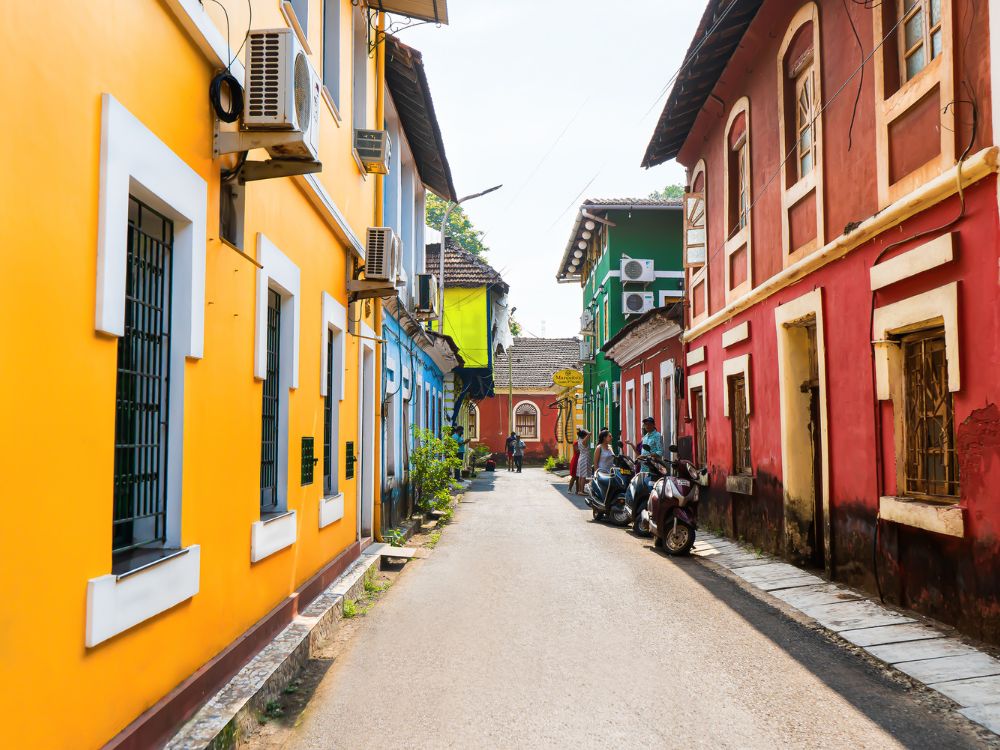 Colorful Portuguese-style houses lining a narrow street in Fontainhas, Panjim's historic Latin Quarter.